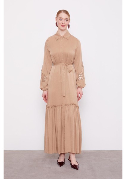 Camel Taş Işleme Detaylı Cupra Elbise