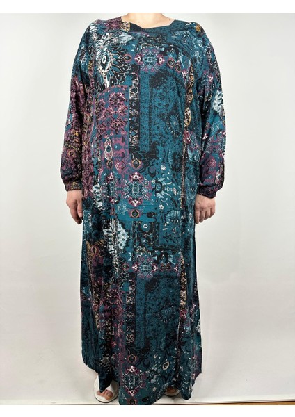 Kadın Petrol Beşgen Yaka Uzun Kollu Kol Bilek Lastikli Yazlık Viskon Uzun Elbise 2 cm Suya Çeker