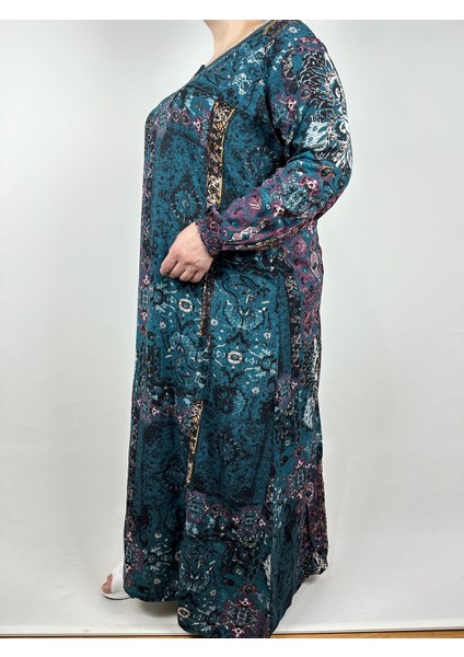 Kadın Petrol Beşgen Yaka Uzun Kollu Kol Bilek Lastikli Yazlık Viskon Uzun Elbise 2 cm Suya Çeker fiyatları