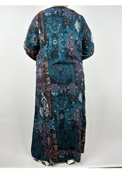 Kadın Petrol Beşgen Yaka Uzun Kollu Kol Bilek Lastikli Yazlık Viskon Uzun Elbise 2 cm Suya Çeker modelleri