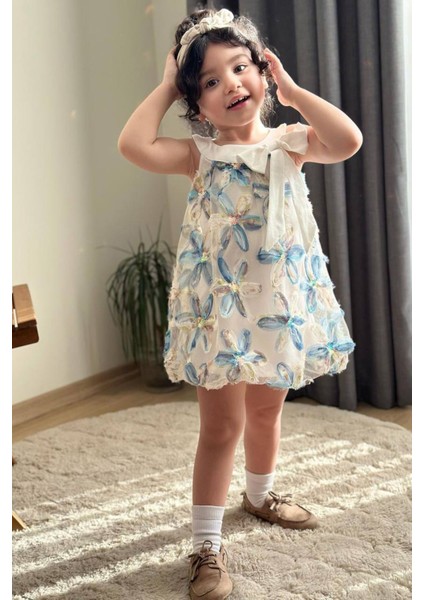 Zambak Tül Detaylı Kız Çocuk Balon elbise - Mavi