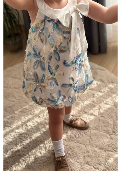 Zambak Tül Detaylı Kız Çocuk Balon elbise - Mavi fiyatları