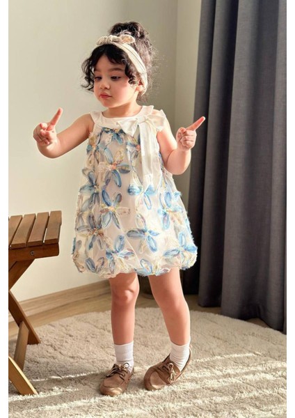 Zambak Tül Detaylı Kız Çocuk Balon elbise - Mavi modelleri