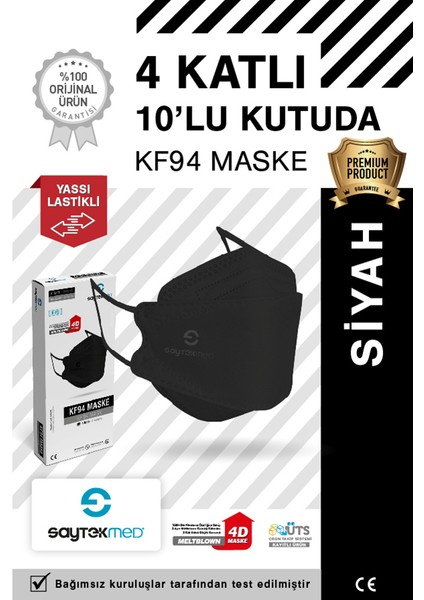 KF94 Kore Tipi 4 Katlı Siyah Maske Tekli Poşet, Uv Steril (10 Adet/1 Kutu)
