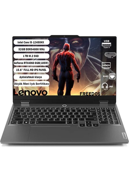 Loq 15IAX9 GTI132 Intel Core I5 12450HX 32GB 1tb SSD RTX4060 Freedos 15.6'' Fhd Taşınabilir Bilgisayar 83GS007XTR