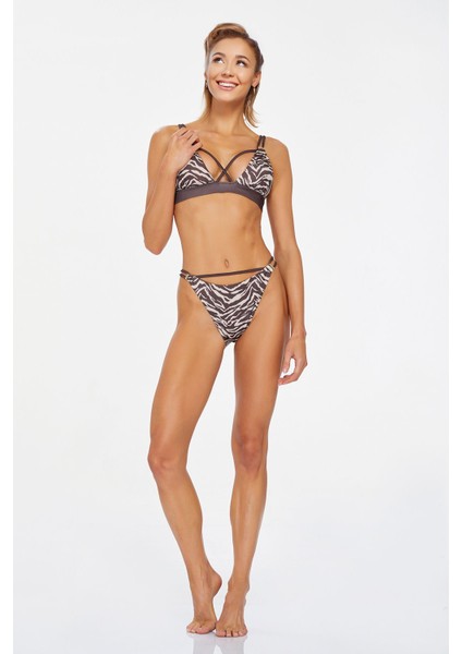 Kadın Zebra Desenli Sırt Bağlamalı Spor Bikini Takımı 3708