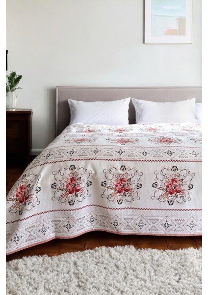 Çift Kişilik Kanaviçe Desenli Pike – Pudra | 200X240 cm | %100 Pamuk
