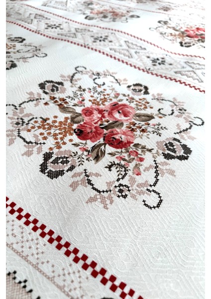 Çift Kişilik Kanaviçe Desenli Pike – Pudra | 200X240 cm | %100 Pamuk