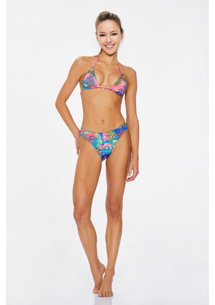 Kadın Tropik Desenli Boyun ve Sırttan Bağlamalı Bikini Takımı 3774 modelleri