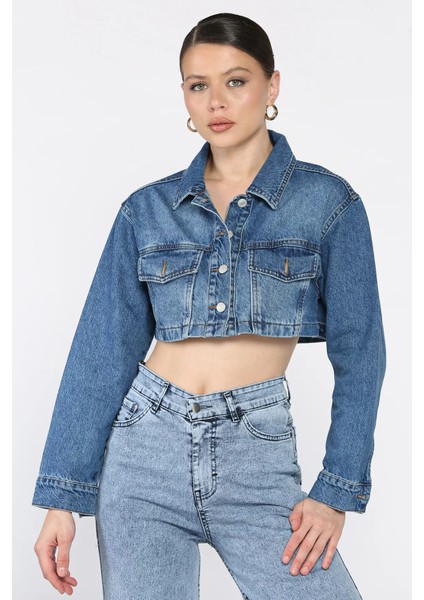 Kadın Crop Top Jean Kot Ceket P-00017199