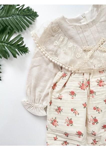 Özgülbebe Tül Yaka Detaylı Turuncu Çiçekli Kız Bebek Elbise