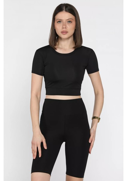 Kadın Bisiklet Yaka Likralı Crop Top Bluz P-00017184