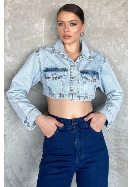 Kadın Crop Top Jean Kot Ceket P-00017199