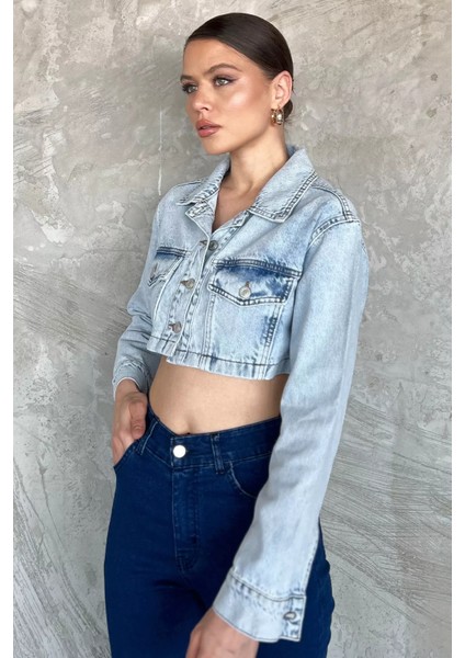 Kadın Crop Top Jean Kot Ceket P-00017199