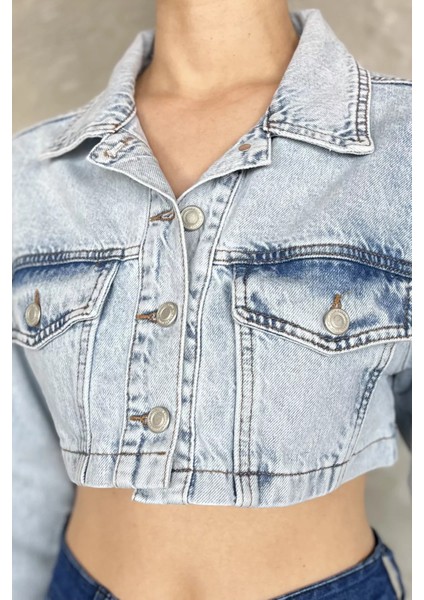 Kadın Crop Top Jean Kot Ceket P-00017199