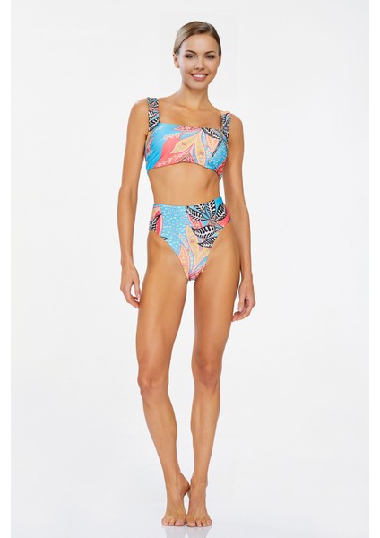 Yüksek Bel Kalın Askılı Tropik Desenli Büstiyer Bikini Takımı 3782