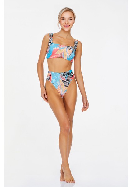 Yüksek Bel Kalın Askılı Tropik Desenli Büstiyer Bikini Takımı 3782 fiyatları