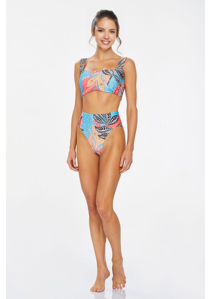 Yüksek Bel Kalın Askılı Tropik Desenli Büstiyer Bikini Takımı 3782 modelleri