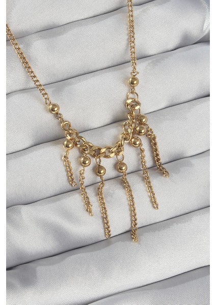 316L Çelik Zincir Gold Renk Topçuk Detay Sallantılı Zincir Kolye - EBJ240807W25488