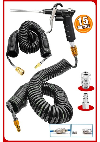 Yüksek Kalite Kompresör Spiral Hava Hortumu 8 mm 15 mt Hava Jakı Hava Tabancası Recor Seti