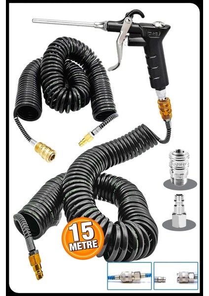 Yüksek Kalite Kompresör Spiral Hava Hortumu 8 mm 15 mt Hava Jakı Hava Tabancası Recor Seti