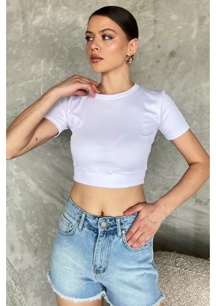 Kadın Bisiklet Yaka Likralı Crop Top Bluz P-00017184
