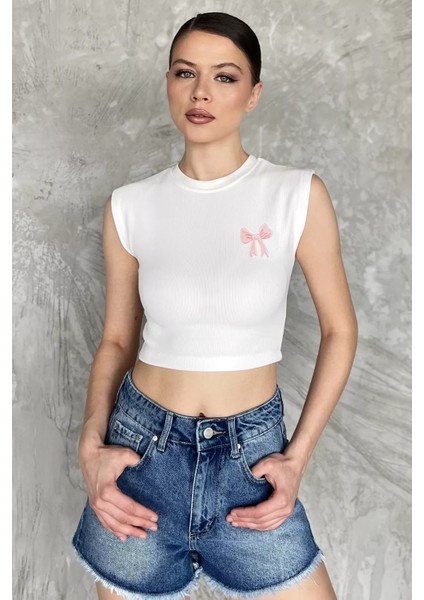 Kadın Japone Kol Fiyonklu Fitilli Crop Top Bluz P-00016999