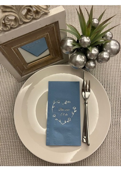 Gümüş Yaldızlı Mavi Bir Ömür El Ele Peçete 16 Adet