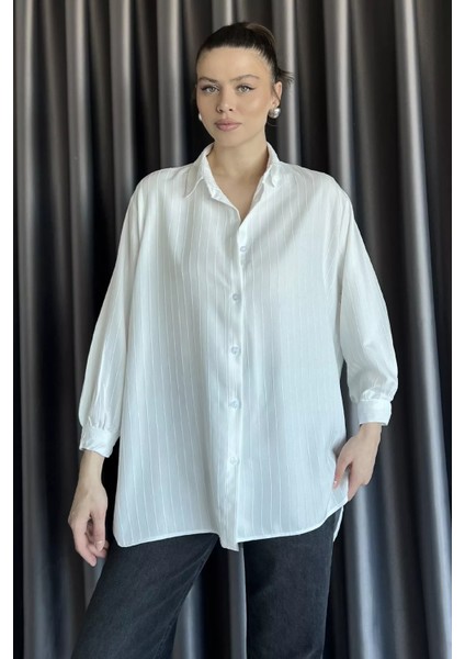 Kadın Çizgi Desenli Uzun Kol Oversize Gömlek P-00017004