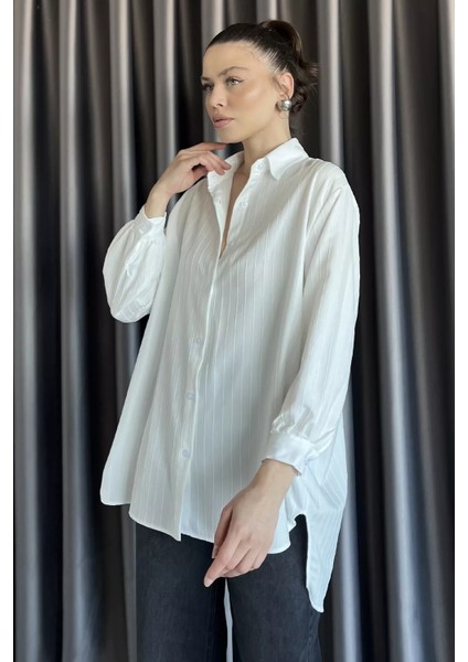 Kadın Çizgi Desenli Uzun Kol Oversize Gömlek P-00017004