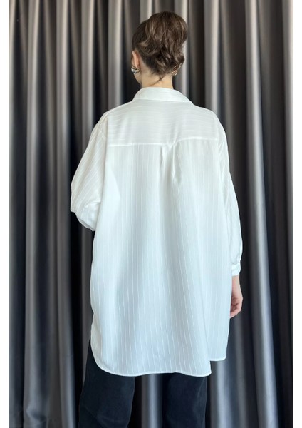 Kadın Çizgi Desenli Uzun Kol Oversize Gömlek P-00017004