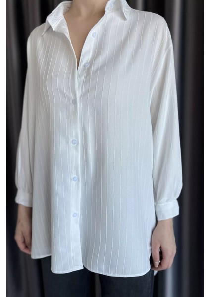 Kadın Çizgi Desenli Uzun Kol Oversize Gömlek P-00017004