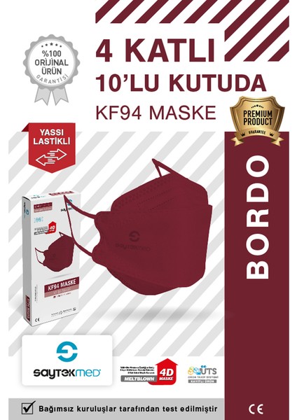 KF94 Kore Tipi 4 Katlı Bordo Maske Tekli Poşet, Uv Steril (10 Adet/1 Kutu)