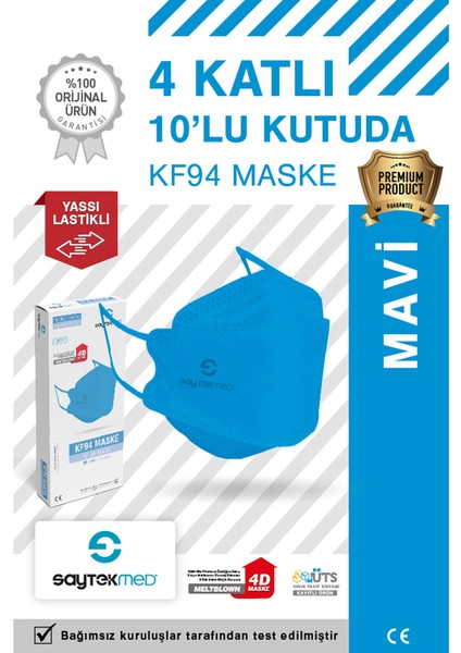 KF94 Kore Tipi 4 Katlı Mavi Maske Tekli Poşet, Uv Steril (10 Adet/1 Kutu)