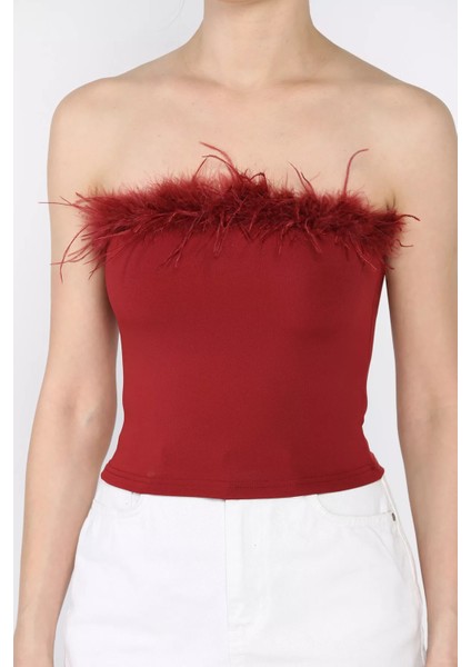 Kadın Ön Peluş Detaylı Straplez Crop Top Bluz P-00017001 modelleri