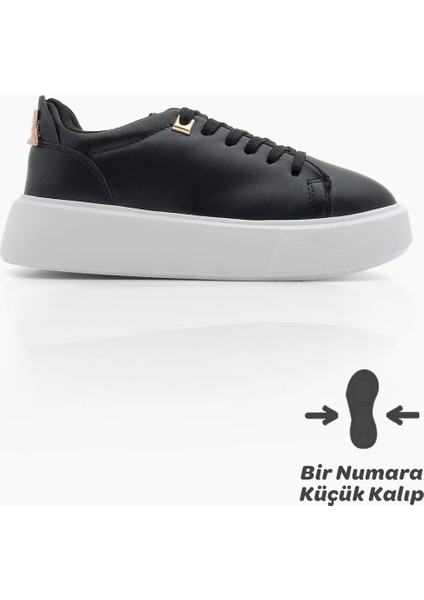 Kadın Sneaker Kalın Taban Altın Toka Detaylı Bağcıklı Spor Ayakkabı Rofke Siyah modelleri
