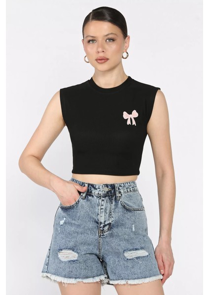 Kadın Japone Kol Fiyonklu Fitilli Crop Top Bluz P-00016999