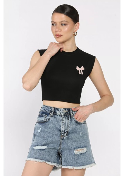 Kadın Japone Kol Fiyonklu Fitilli Crop Top Bluz P-00016999