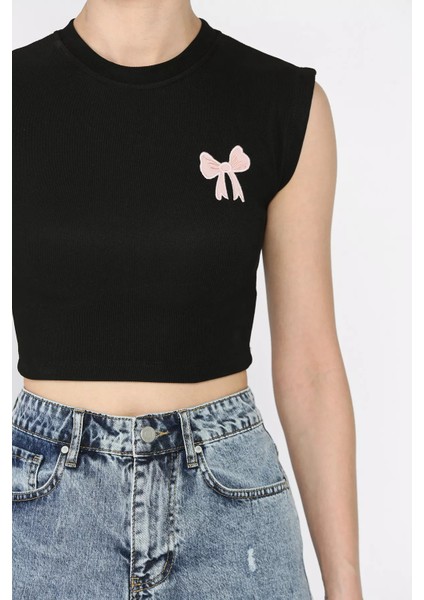 Kadın Japone Kol Fiyonklu Fitilli Crop Top Bluz P-00016999