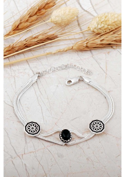 Midyat Hasırı Oniks Taşlı Anadolu Motifli Gümüş Bileklik 4795
