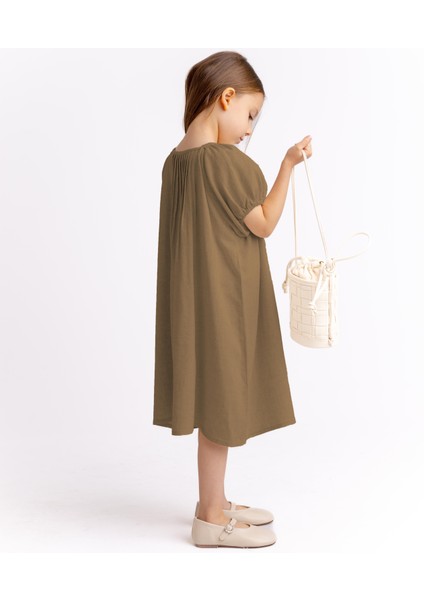 Nervüllü Keten Elbise 2-7 Yaş Caramel