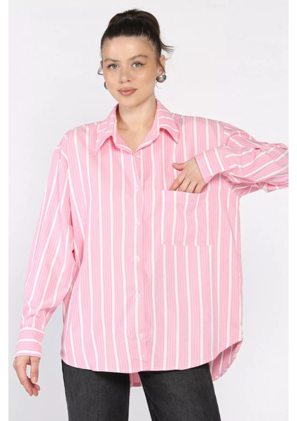 Kadın Tek Cepli Çizgili Salaş Gömlek P-00016989 fiyatları