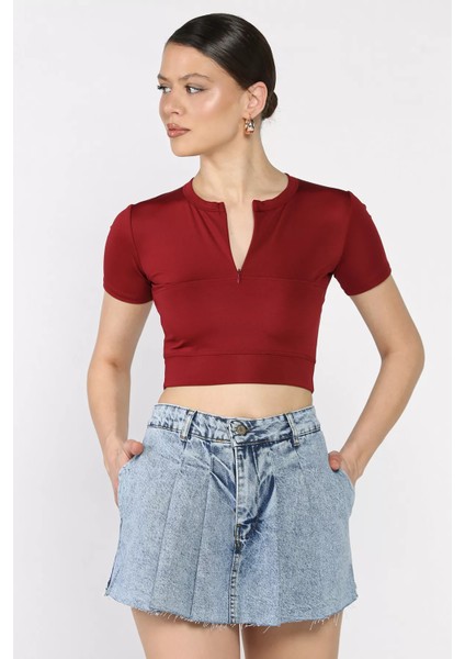 Kadın Ön Fermuarlı Modal Kumaş Crop Top Bluz P-00016944