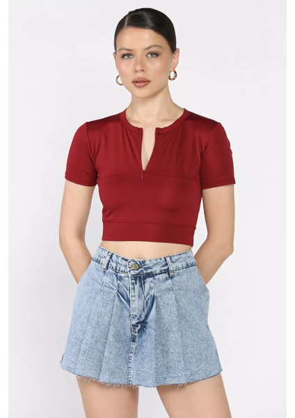 Kadın Ön Fermuarlı Modal Kumaş Crop Top Bluz P-00016944 fiyatları