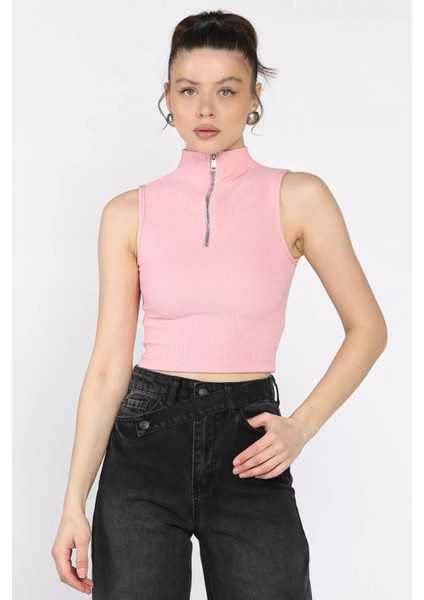 Kadın Yarım Fermuarlı Fitilli Crop Top Bluz P-00016993
