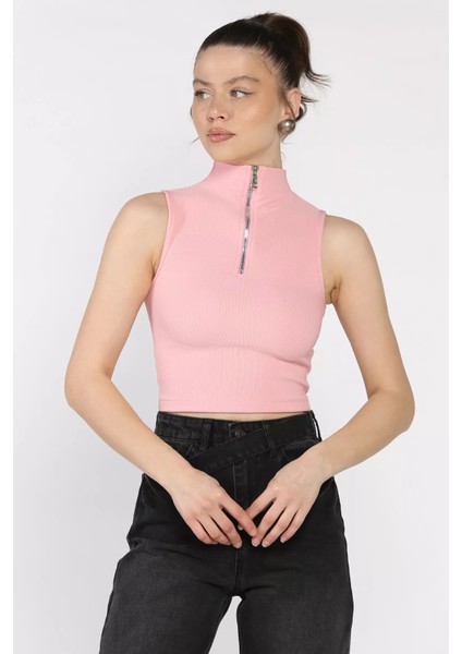Kadın Yarım Fermuarlı Fitilli Crop Top Bluz P-00016993 fiyatları