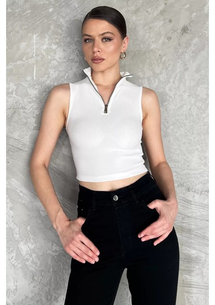 Kadın Yarım Fermuarlı Fitilli Crop Top Bluz P-00016993