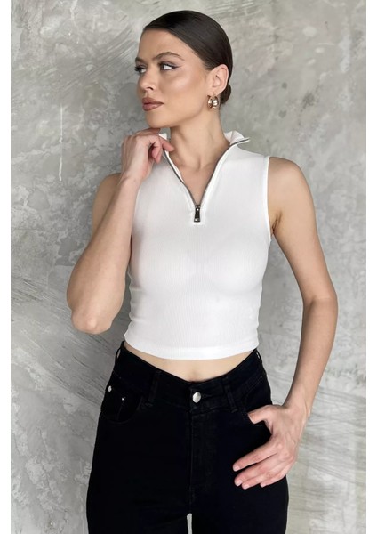 Kadın Yarım Fermuarlı Fitilli Crop Top Bluz P-00016993