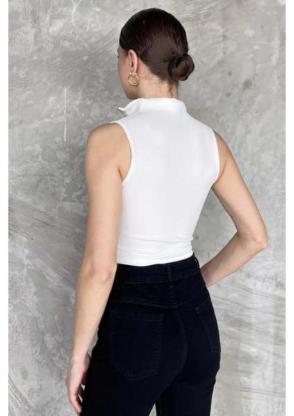 Kadın Yarım Fermuarlı Fitilli Crop Top Bluz P-00016993