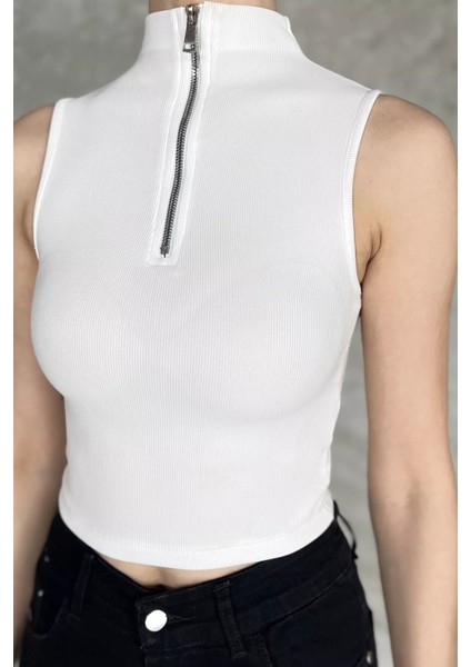 Kadın Yarım Fermuarlı Fitilli Crop Top Bluz P-00016993